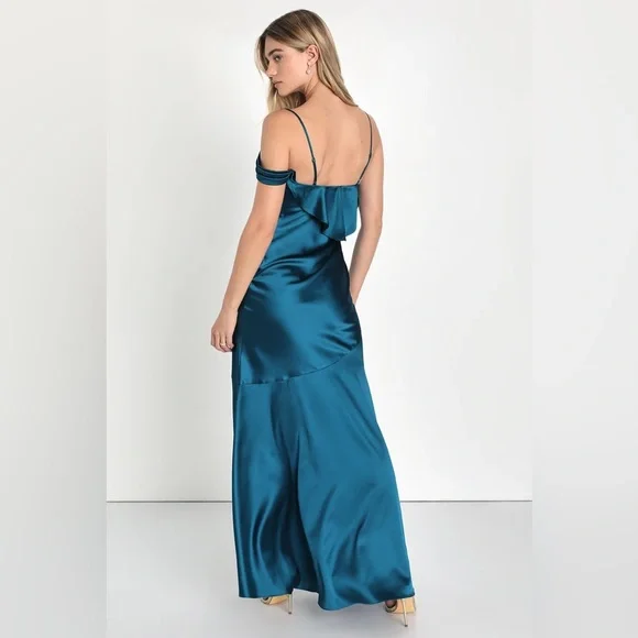 Lulu’s Enchanting Aesthetic Teal Satin Asymmetrical Unique Modern Maxi Dress M - Picture 3 of 10